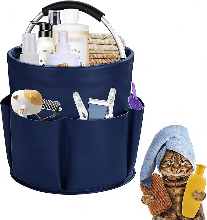 Felt Pet Dog Grooming Bag, Small Pet Grooming Tote Bag, 6-pocket Dog Grooming Supplies Organiser, Travel Outdoor Hold for Clippers Nail Grinder, Cleaning Brush, Trimmer, Nozzle, Blue