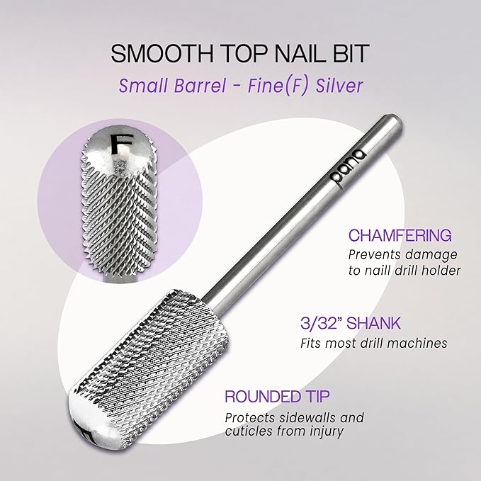 PANA 3/32" Small Smooth Round Top Safety Carbide Nail Drill Bit for Gel Polish & Acrylic Removal Nail Salon Manicure Pedicure Electric File Tools (Small Barrel - Silver, Fine)