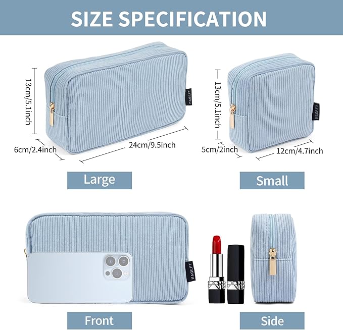 MAGEFY Makeup Bag for Purse, 2 Pcs Corduroy Cosmetic Bag for Girls Women Small Travel Makeup Pouch with Zipper(Blue)