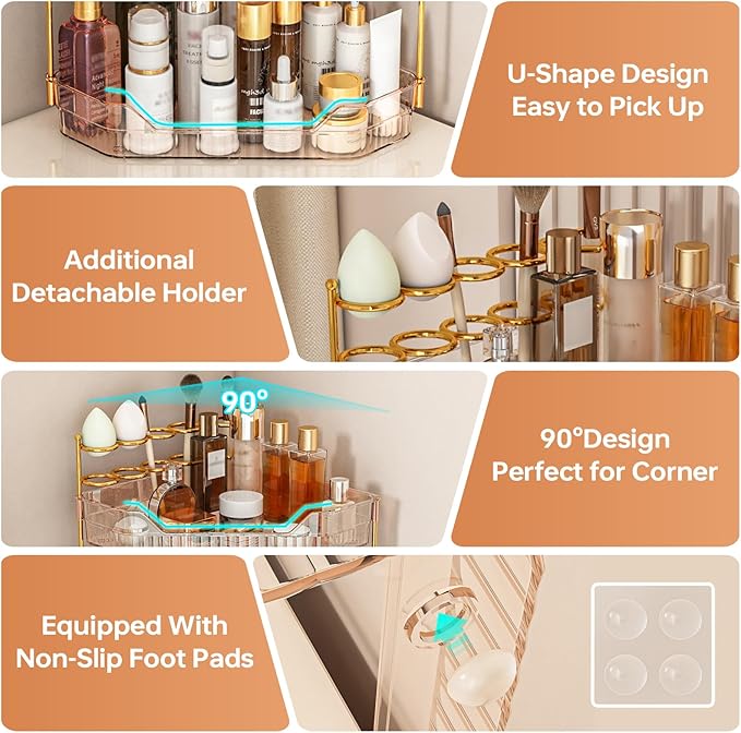 Corner Bathroom Counter Organizer with Makeup Brush Holder & Toothbrush Holders, Makeup Organizer for Vanity Countertop, Acrylic Skincare Storage Shelf (Amber, 2-Tier)