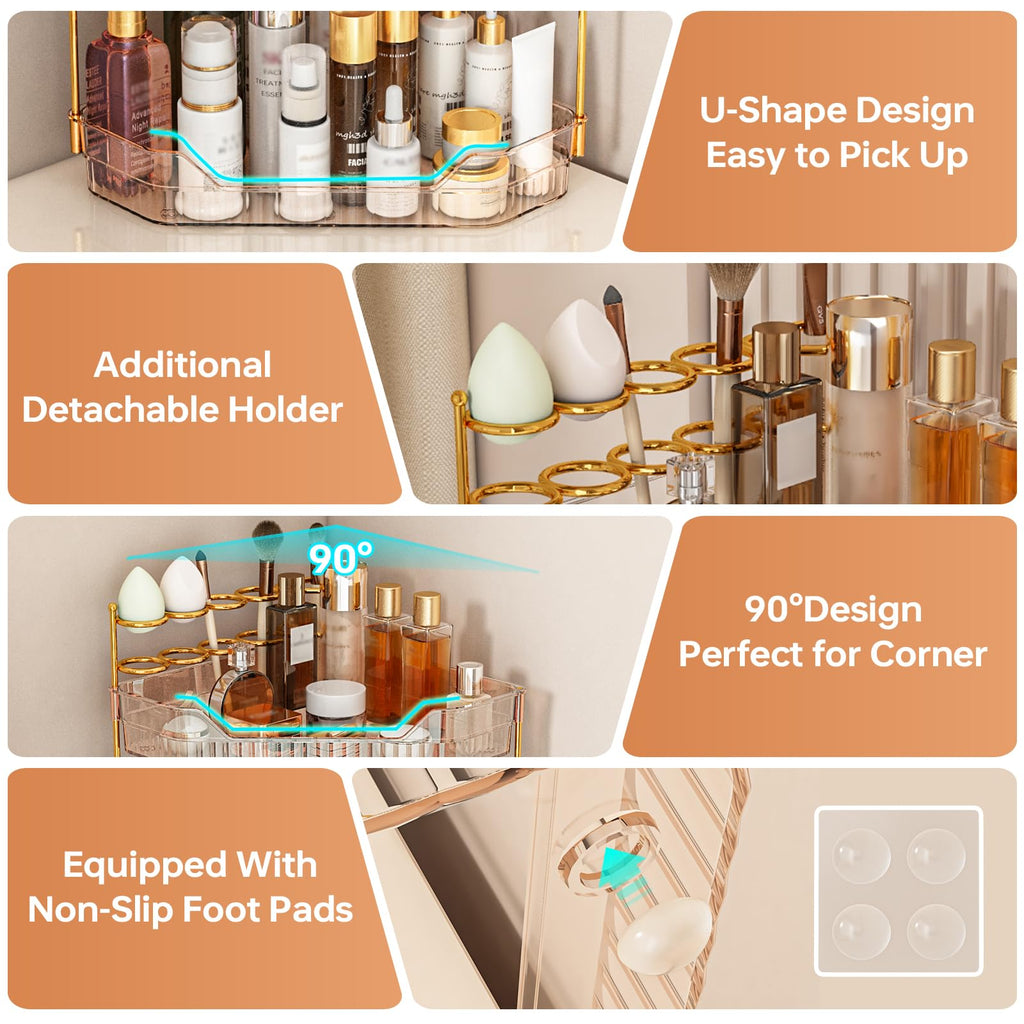 ZZWILLB Corner Bathroom Counter Organizer with Makeup Brush Holder & Toothbrush Holders, Makeup Organizer for Vanity Countertop, Acrylic Skincare Storage Shelf (Amber, 2-Tier)