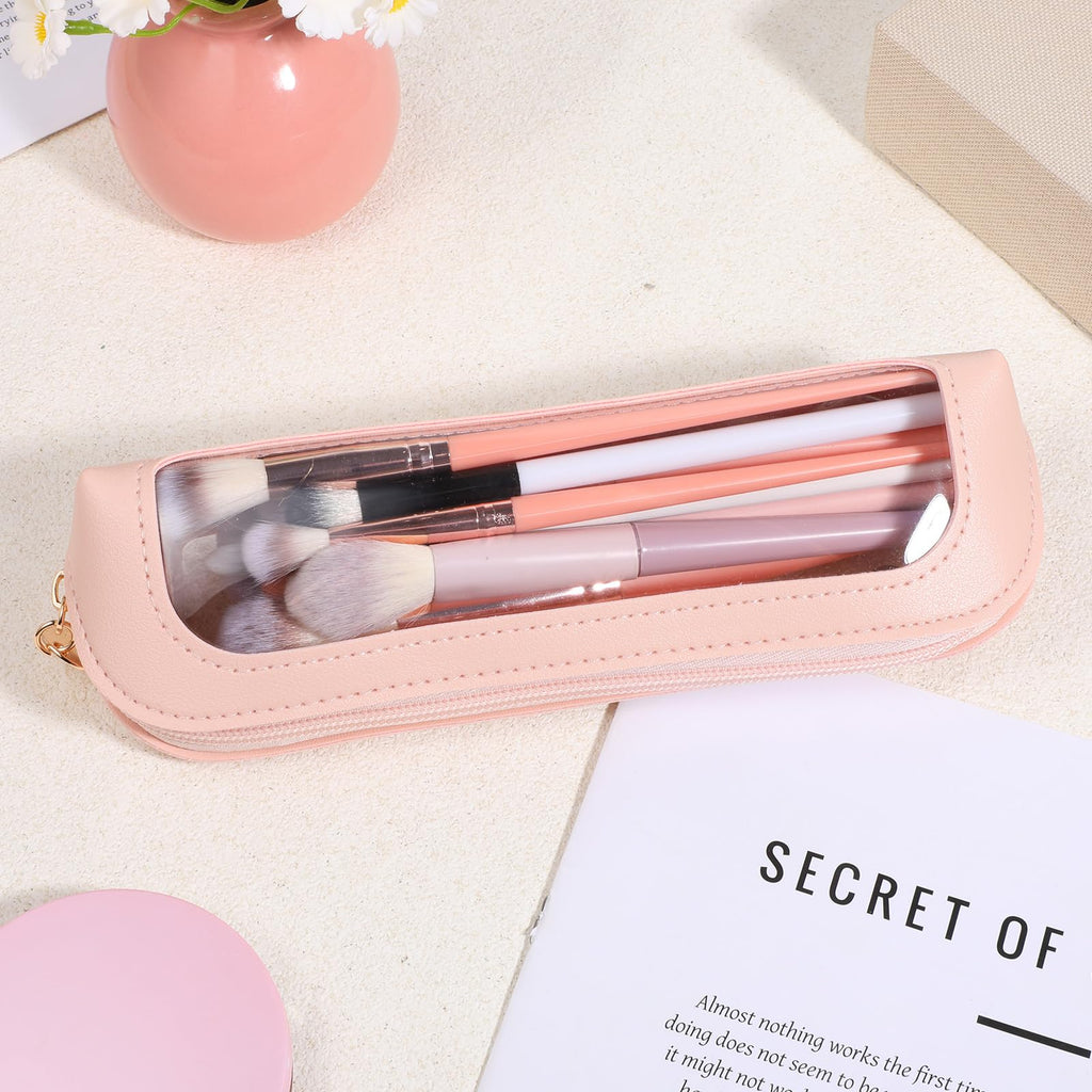 Lusofie Small Clear Makeup Bag, PU Leather Makeup Brush Bag, Portable Clear Make-Up Brush Pouch with Zipper, Multi-use Cosmetic Organizer Bags for Women (Pink)