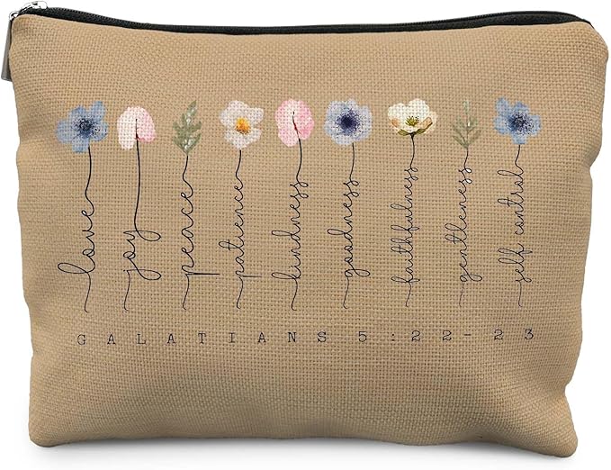 Likjad Christian Gifts Makeup Bag, Floral Christian Cosmetic Bags for Women, Galatians 5:22-23 Bible Verse Makeup Pouch, Faith Based Gifts Zipper Pouch(pale brown)