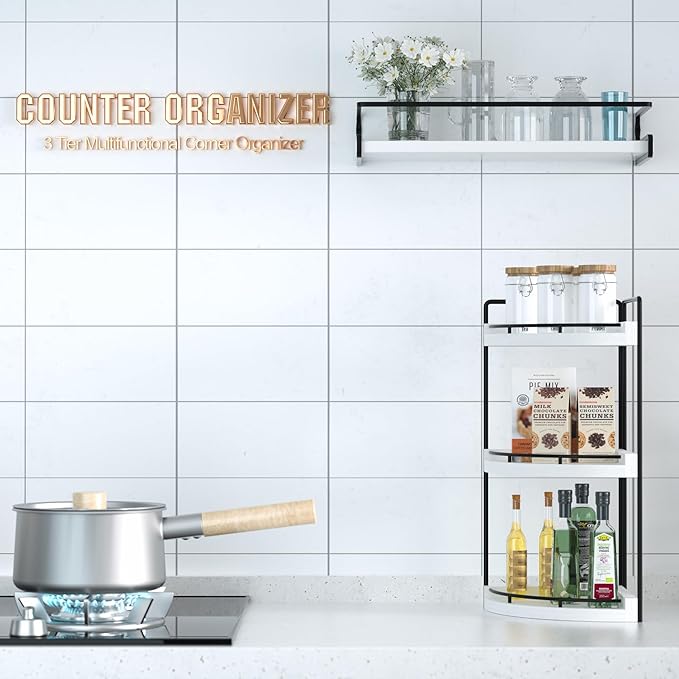 CeleVista Corner Bathroom Counter Organizer, 3 Tier Bathroom Sink Shelf Countertop, Wood Vanity Skincare Storage for Toiletries Decor, Makeup, Dresser (White)