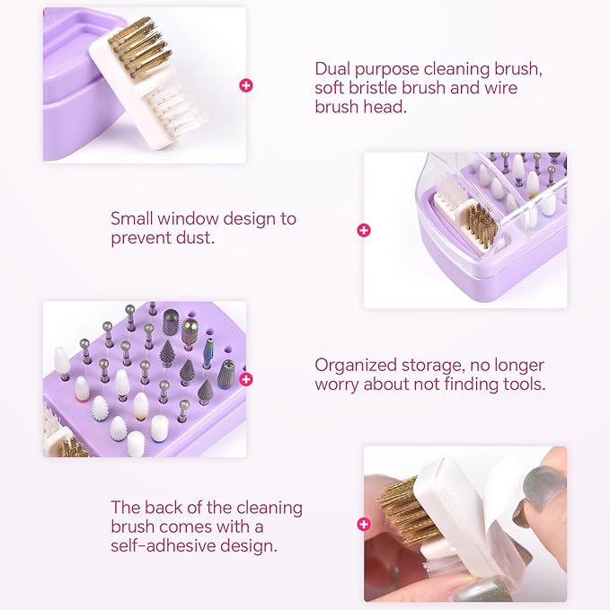 2 in 1 Nail Drill Bit Holder & Nail Drill Bit Cleaner Brush Case 30 Holes Dustproof Nail Drill Bit Display Stand Organizer Box Manicure Drill Bits Cleaning Brush Bits Storage Tool, Rose Red