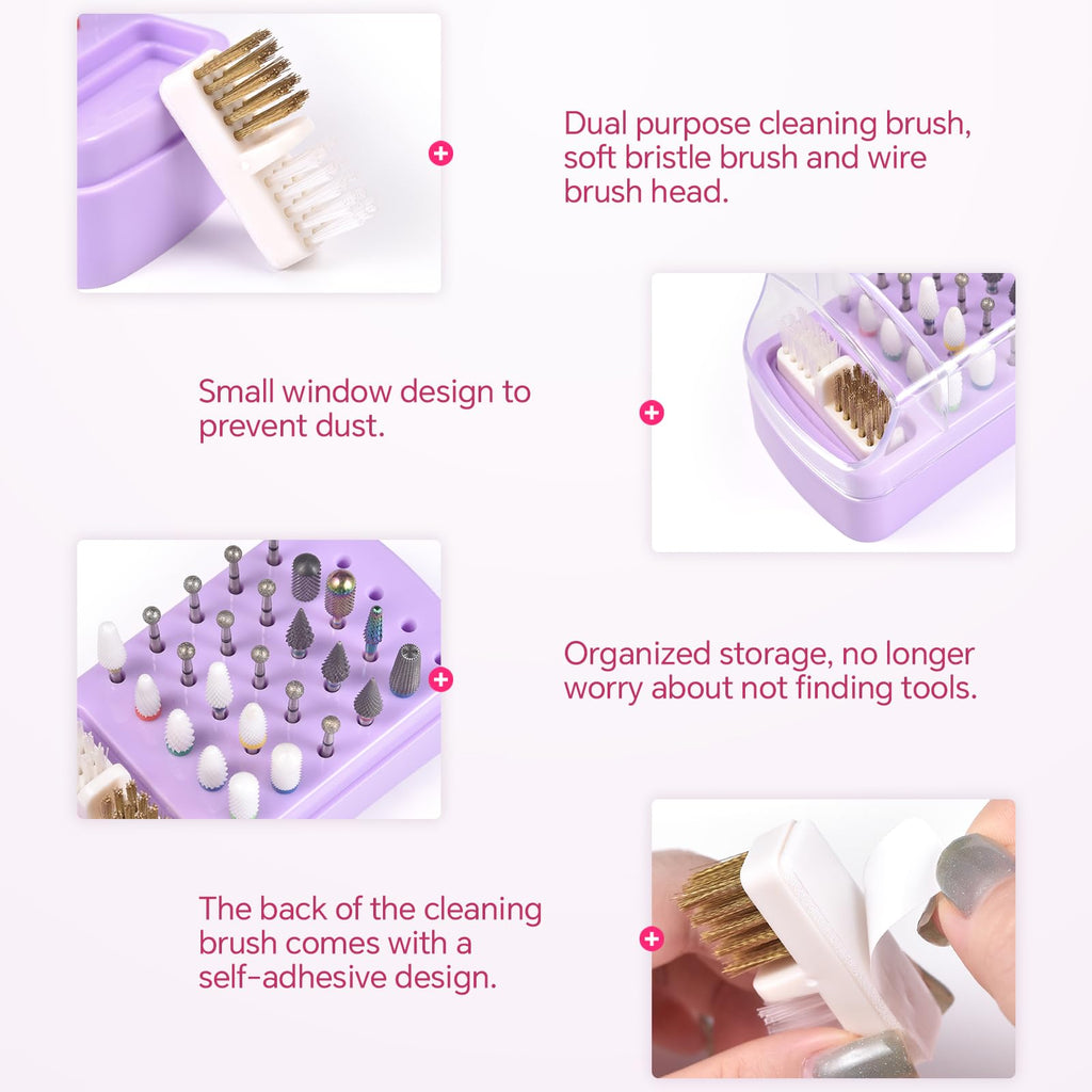 siyuwuro 2 in 1 Nail Drill Bit Holder & Nail Drill Bit Cleaner Brush Case 30 Holes Dustproof Nail Drill Bit Display Stand Organizer Box Manicure Drill Bits Cleaning Brush Bits Storage Tool, Blue