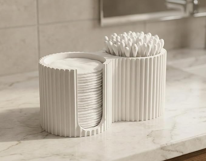 Cotton Pad and Swab Holder, 2-in-1 Bathroom Organizer for Cotton Rounds and Q-Tips, Modern Countertop Storage Container, White
