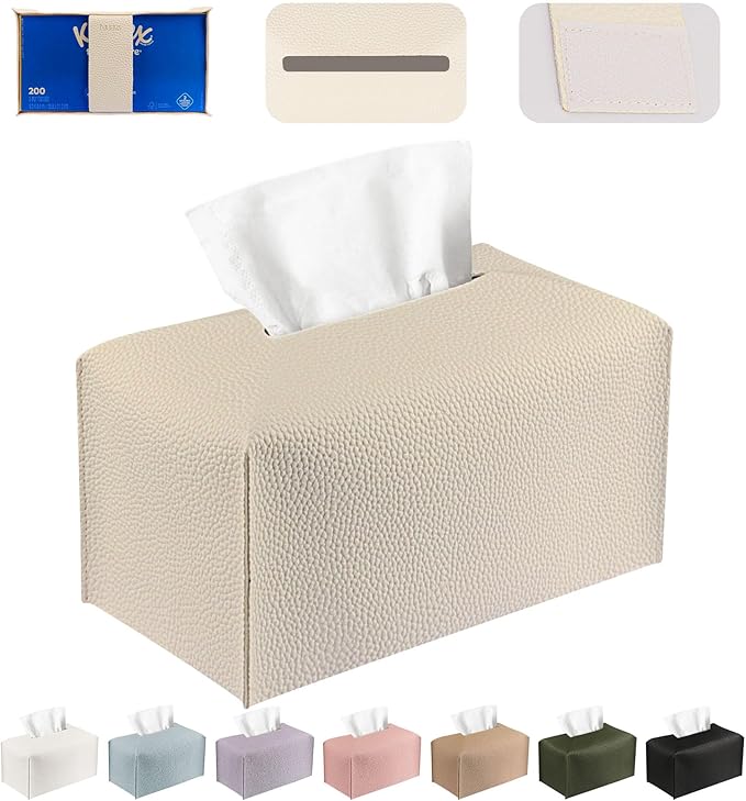 PARIERIS Tissue Box Cover PU Leather Tissue Holder Rectangle Facial Tissue Case Tissue Box Organizer Dispenser for Bathroom, Kitchen, Home, Office, Tabletop (OffWhite, Tall)