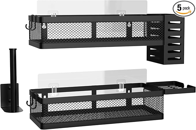 PUSDON 5-in-1 Wide Wall Mount Wrapped Mesh Kitchen Organizer & Shower Caddy Kit, with Paper Towel Holder, Utensil Holder, Soap Dish, Heavy Duty 50LBS - Matte Black, Netting
