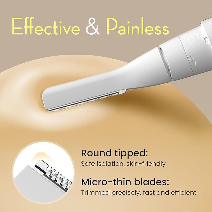 Facial Hair Removal for Women, Painless Eyebrow Trimmer with Pivoting Head, Electric Battery Operated Body Hair Remover with 2 Replaceable Blade for Face Neck Chin Bikini, White