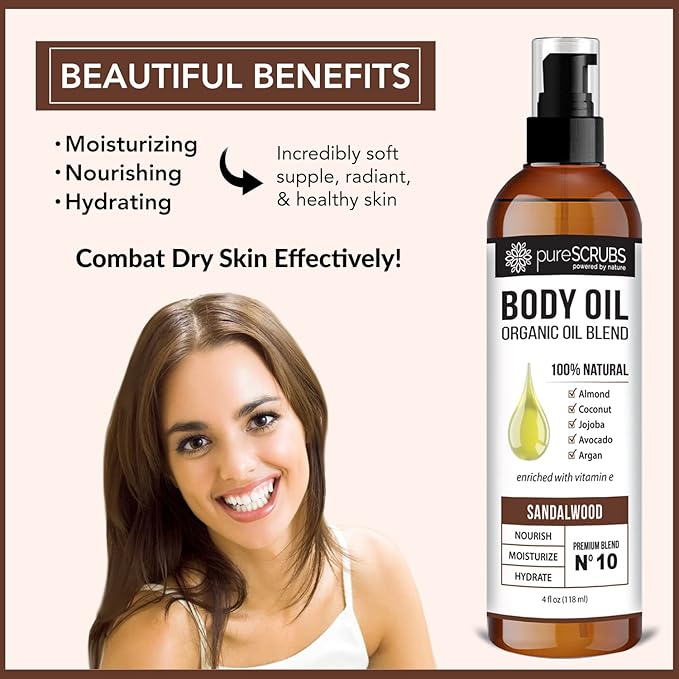 pureSCRUBS Ultra Moisturizing Sandalwood Body Oil for Dry Skin, 4oz
