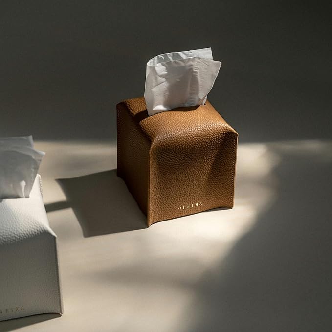 OLETHA Square Tissue Box Cover - Aesthetic Desk Decor for Room, Home & Office - Tissues Cube Boxes Holder - Pale Brown, Set of 2