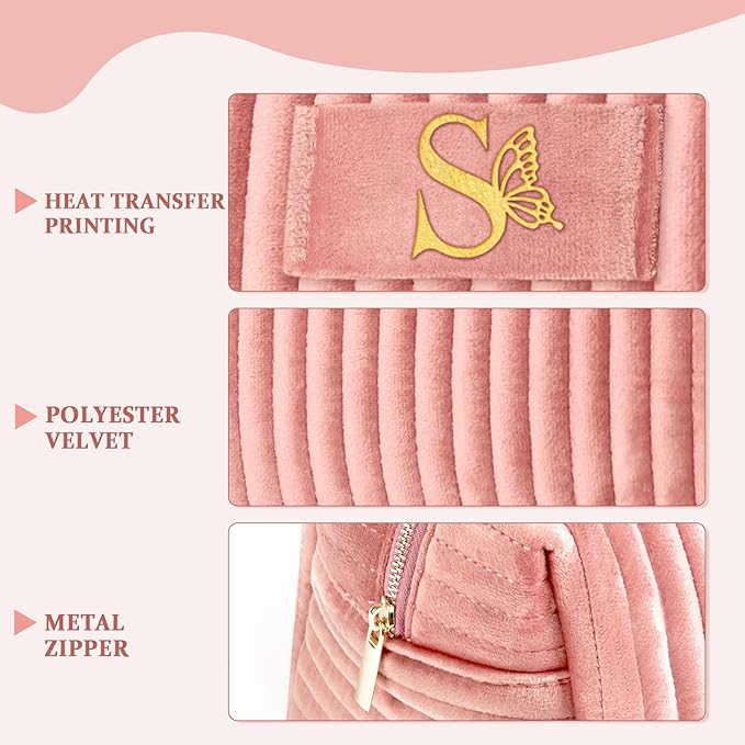 COSHAYSOO Mom Birthday Gifts Mothers Day Gift Ideas for Mama Grandma New Mommy from Daughter Travel Makeup Bag Quilted Make Up Cosmetic Pouch Cool Aesthetic Monogram Pink Velvet Initial Letter S