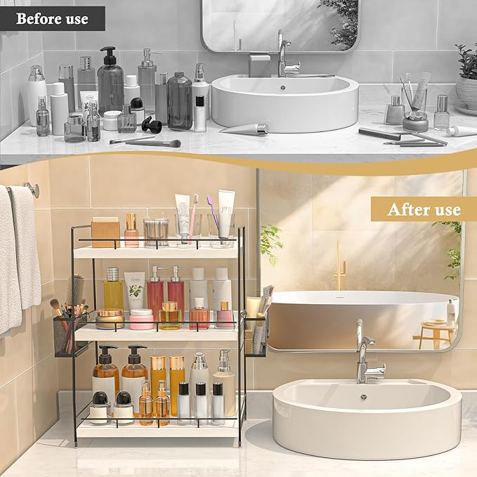 BSTSLL Bathroom Counter Organizer,Bathroom Countertop Organizer with Baskets,Vanity Organizers,Counter Shelf,Countertop Storage, Makeup Organizers(White)