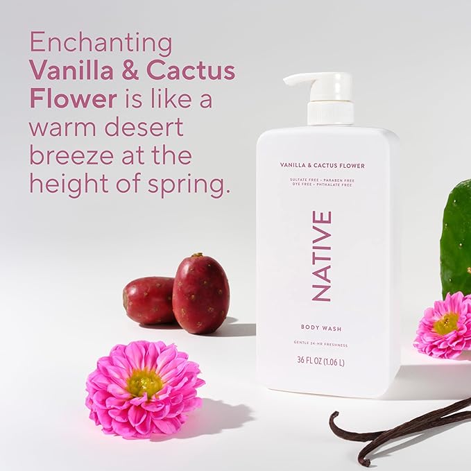 Native Sulfate Free Body Wash Contains Naturally Derived Ingredients | for Women & Men | Vanilla & Cactus Flower, 36 oz