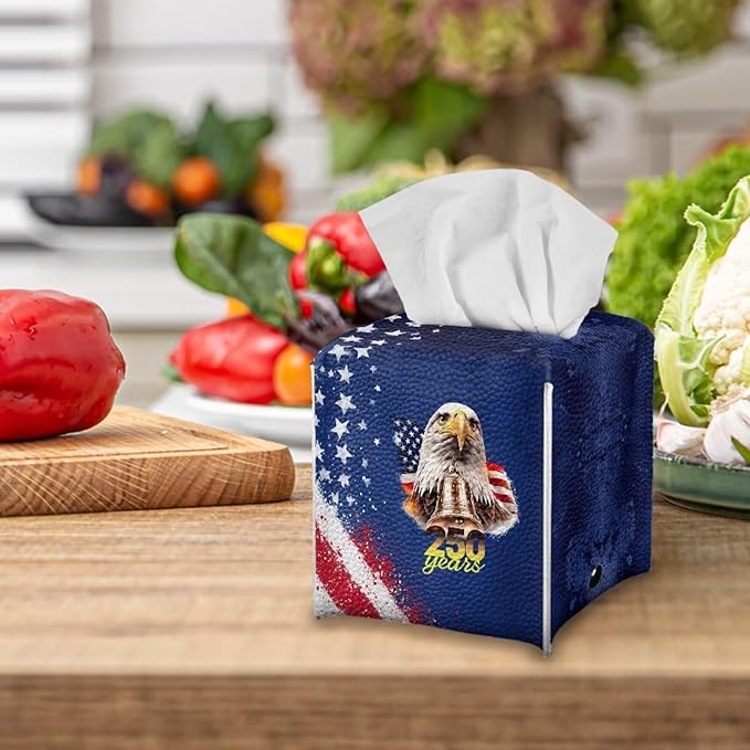 American 250 Years Tissue Box Holder Waterproof PU Leather Square Tissue Box Cover Holder with Metal Button Paper Dispensor Case for Home Office Car Automotive Decor