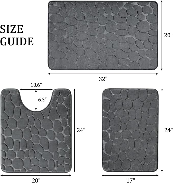 YIHOUSE Bathroom Rugs Mat Set, Memory Foam Bath Mat 3 Piece Dark Grey