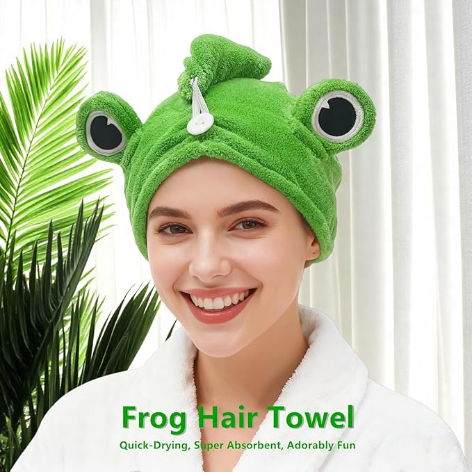 2-Pack Frog Hair Turbans, Super Absorbent Microfiber Hair Towels for Long Hair, Quick Dry, Cute Animal Design, Gift for Women Girlfriend Bestie