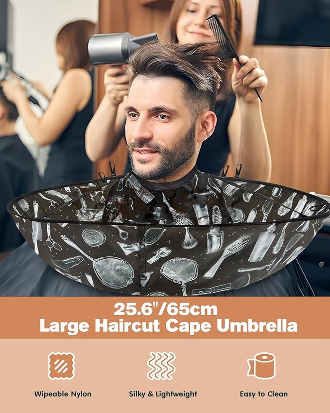 Lilian&Gema Hair Cutting Cape, Adjustable Haircut Cape Umbrella, Waterproof Hair Cloak Barber Cape, Foldable Hairdressing Umbrella Cape with Black Comb for Adults and Kids, Salon and Home Use