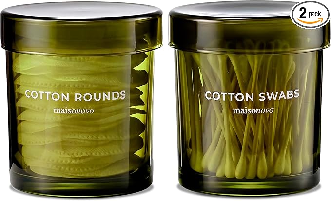 MaisoNovo Qtip Holder Bathroom Set – Airtight Q tip and Cotton Round Holder with Lid to Store Cotton Rounds, Swabs, Floss Picks, Hair Ties with Free Labels Pack - 2 Green Jars with Green Lids
