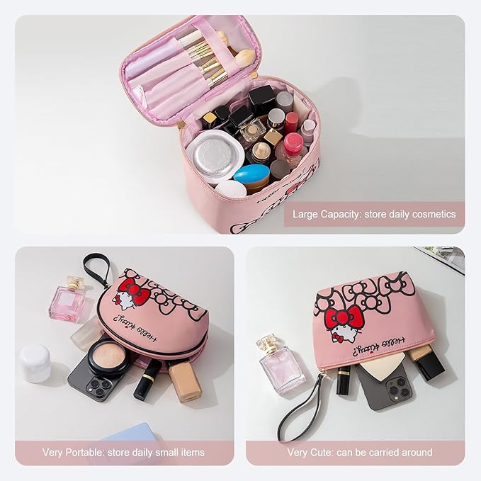 Vimanllie Travel Makeup Bag Large Cosmetic Bags with Brush Holder,Pink Waterproof 3PCS Portable Cosmetic Case for Women,Toiletry Bag for Skincare&Beauty Tools for Her