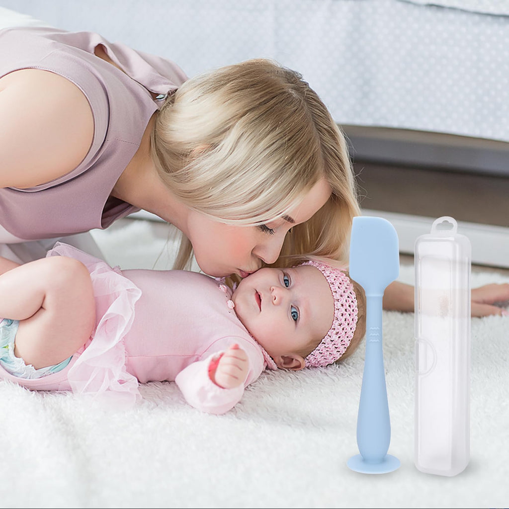2 Pack Diaper Cream Spatula With Hygienic Travel Case, Baby Butt Paste Applicator With Suction Base, Soft Silicone Diaper Rash Cream Applicator Large Size (Blue & Brown)