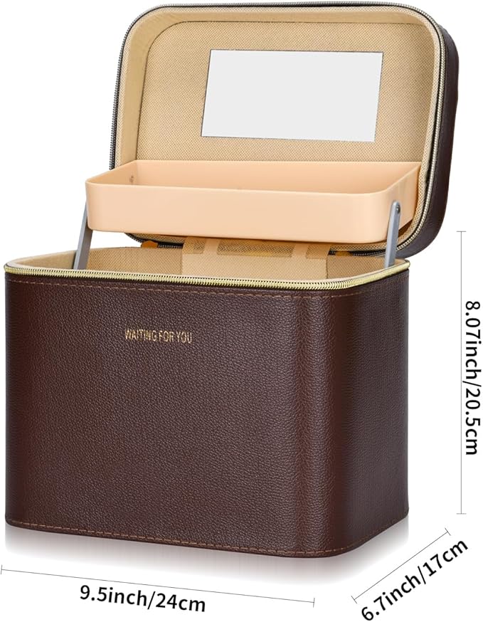 Sluxa Luxury brown makeup box, Portable leather hard cosmetic case with mirror, Sturdy train case make up box for women adults. (Double-layer-Brown)
