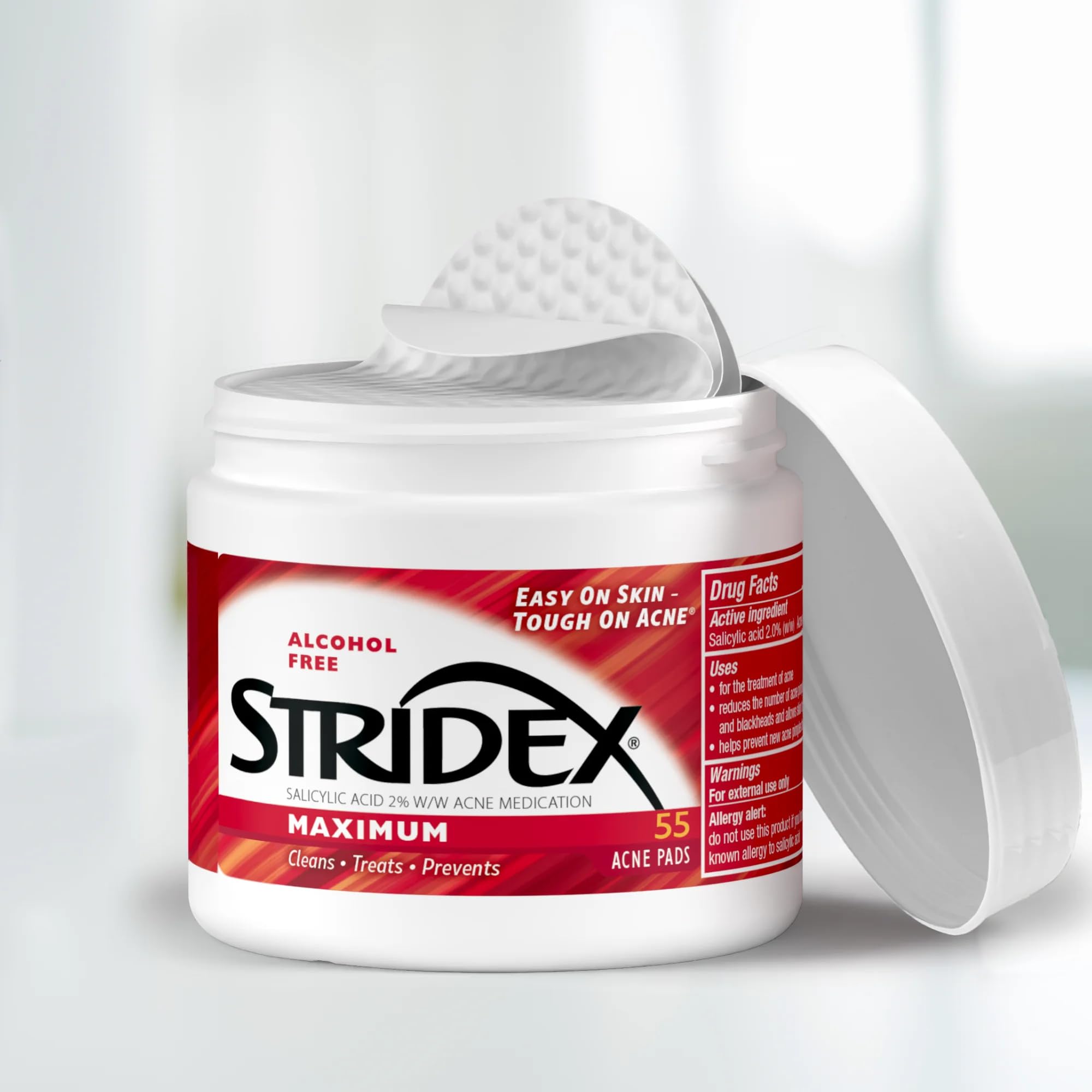 Stridex Medicated Acne Pads, Maximum, 55 Count – Facial Cleansing Wipes, Alcohol Free, Acne Treatment for Face, For Moderate Acne, Smooth Application