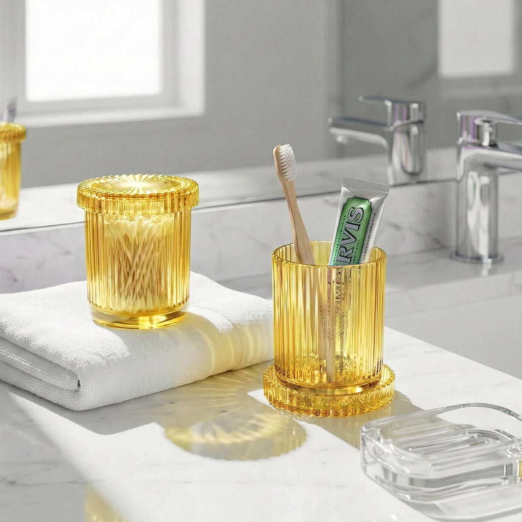 MKOSAB 2 Pack Qtip Holder - Apothecary Jars with Lids, Bathroom Organizers and Storage Canister for Cotton Balls,Swabs,Floss Picks,Hair Ties,Clear Glass Vintage Bathroom Decor Jar Set (yellow)