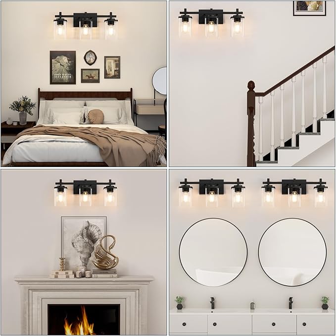 3-Lights Bathroom Vanity Light Fixtures, Modern Black Vanity Lights Over Mirror with Clear Glass Shade for Bathroom, Wall Mounted Lamp for Bedroom Hallway Living Room