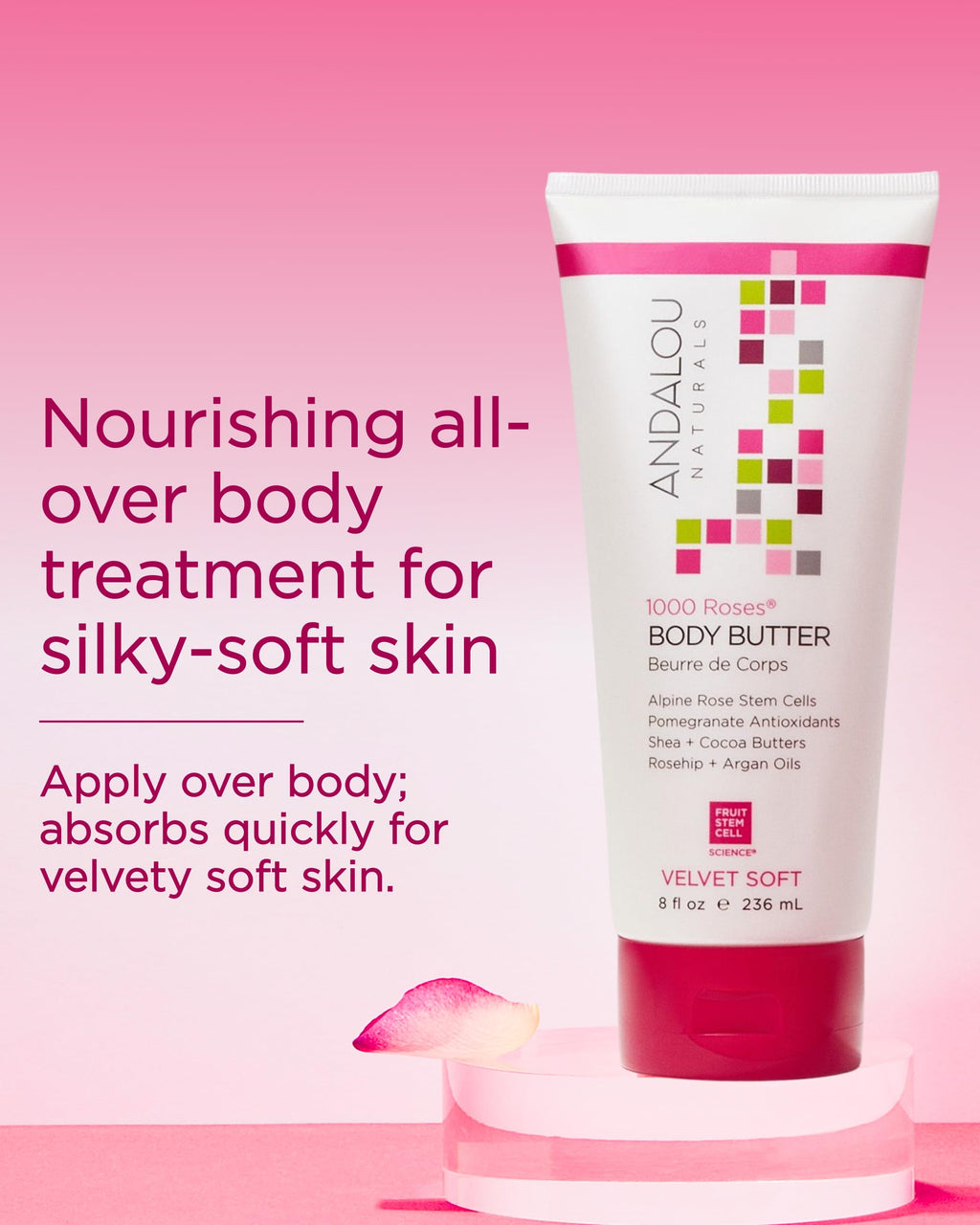 Andalou Naturals 1000 Roses Velvet Soft Body Butter | Rich Hydrating Moisturizing Cream for Nourishing Dry Skin | Shea Butter, Cocoa Butter, and Rose Stem Cells for Softening Skin | 8 fl oz