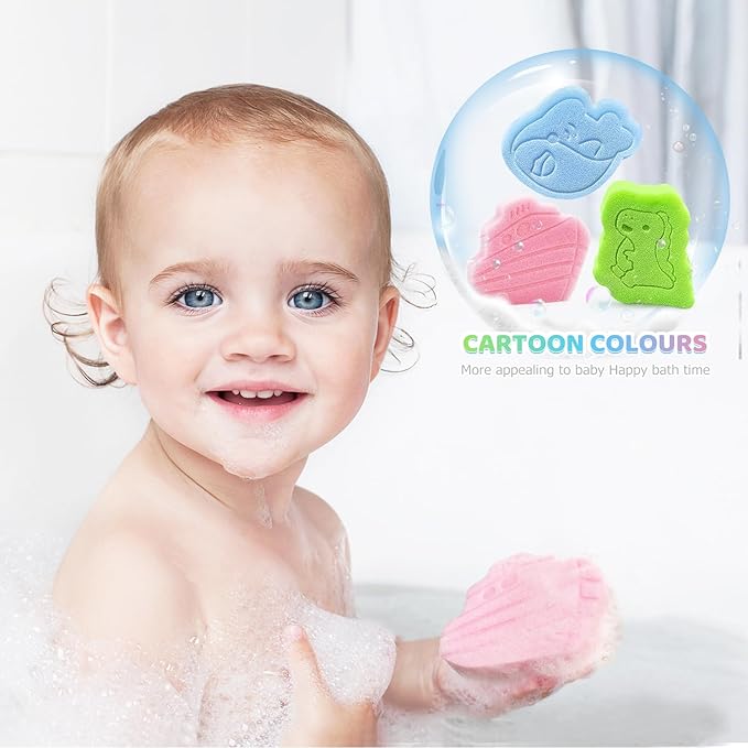 DANCELF Baby Bath Sponge, Natural Cute Shapes Soft Shower Sponges for Bathing, Bathtub Foam for Infants and Toddler, 3pcs: Blue Whale, Pink Ship, Green Dinosaur