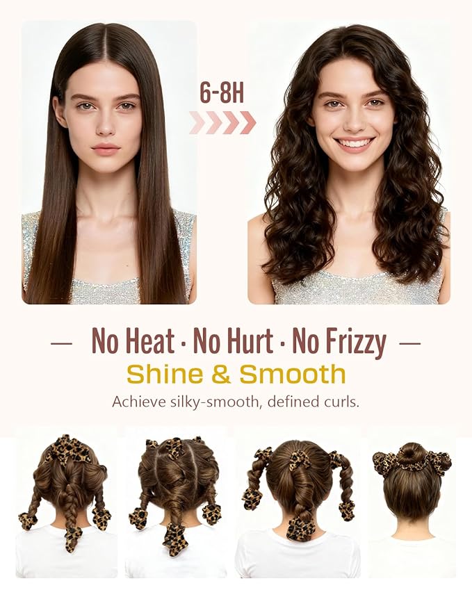 BONNET QUEEN 3 Pack Small Satin Heatless Hair Curler for Medium to Long Thick Hair, Heatless Curls Overnight, Hair Curlers to Sleep In, Damage-Free Small Curls with Built-in Scrunchie, Leopard