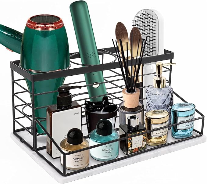 Siyzda Hair Tool Organizer, Movable Hair Dryer Holder, Hair Styling Tools Storage for Vanity, Bath Counter Organizer, Bathroom Trays for Hair Toiletry, Makeup (12" x 7.7" x 5.8", Marble-Black)