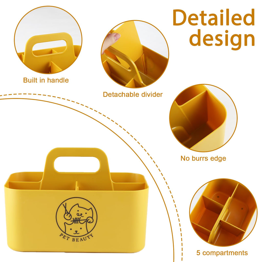 Brabtod Dog Storage Organizer for Grooming Supplies,Portable Caddy Organizer for Pet Stuff,Divided Storage Bin for Dog Cat Grooming Kit,Dog Stuff Organizer with Handle for Shampoo,Clipper,Comb-Yeloow