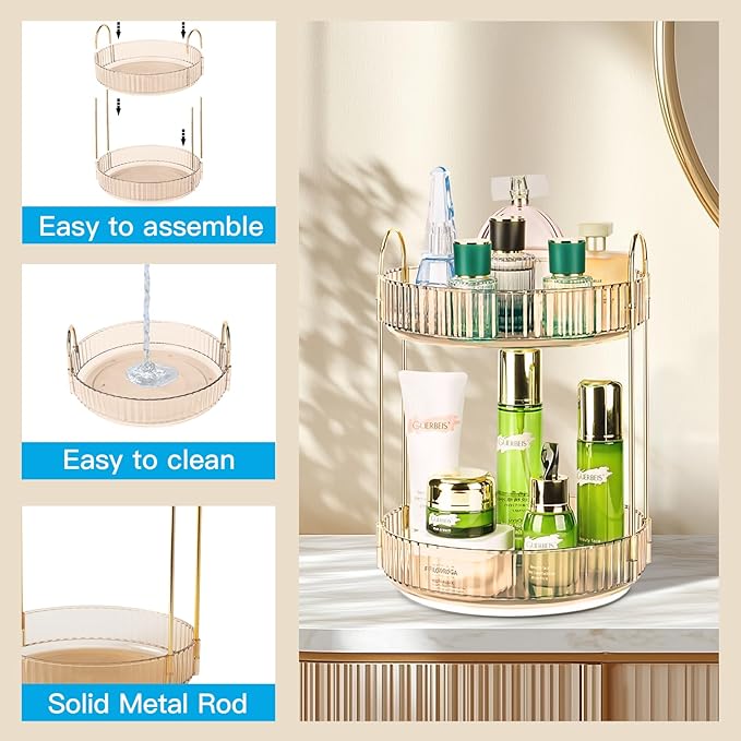 Niluks 360 Rotating Makeup Organizer - Large Capacity Spinning Perfume & Cosmetic Skincare Holder for Vanity & Countertop (Vibrant Orange, 2 Tier)
