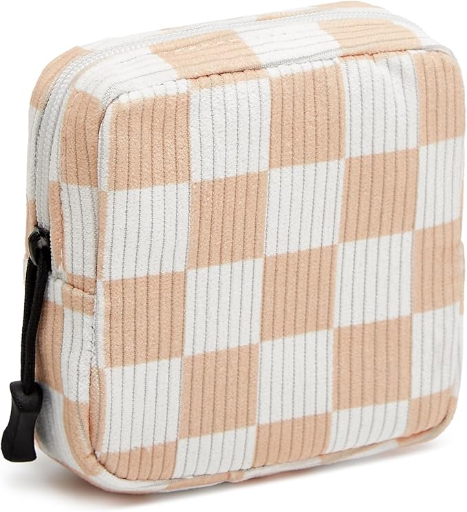 ZOEMTIU Small Makeup Bag for Purse,Mini Cosmetics Bag cute Zipper corduroy Cosmetic Pouch Storage Pouch Travel Toiletry Organizer for Women Girls(Checkered Orange)