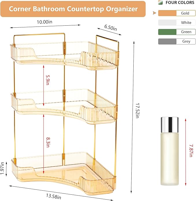 Weidace Corner Bathroom Counter Organizer Bathroom Countertop Shelf Makeup Organizer for Vanity Perfume Tray for Corner Storage (3 Tiers, Gold)