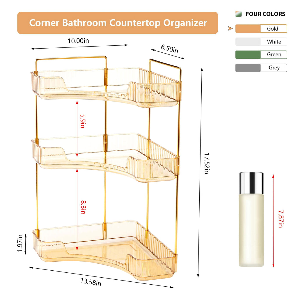 Weidace Corner Bathroom Counter Organizer Bathroom Countertop Shelf Makeup Organizer for Vanity Perfume Tray for Corner Storage (3 Tiers, Gold)