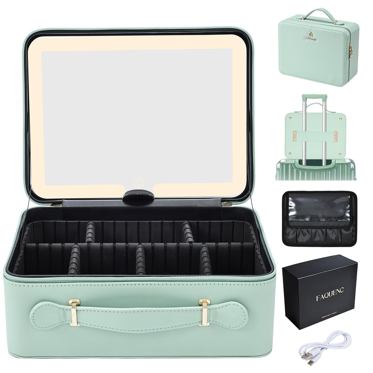 Leather Makeup Case with LED Lighted Mirror 11.4 Inch Travel Makeup Bag Adjustable Brightness in 3 Colors Cosmetic Organizer Artist Storage Bag with Dividers Brush Holder Storage Vanity Watery Blue