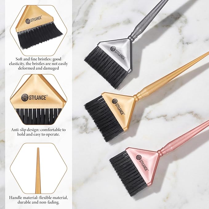 3Pcs Hair Color Brush Hair Dye Brush Salon Color Tint Brushes Hairs Coloring Brushs Applicator Stylist Hairs Coloring Tool for Salon Home, Silver, Rose Gold, Gold, Professional