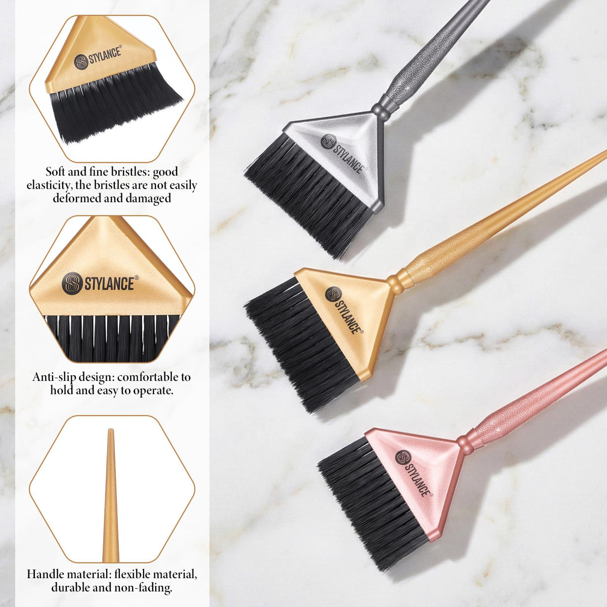 3Pcs Hair Color Brushes Applicators Hair Dye Brush Salon Tint Brushes Hairs Coloring Brush Stylist Hairs Coloring Tool for Salon Home, Silver, Rose Pink, Gold, Professional