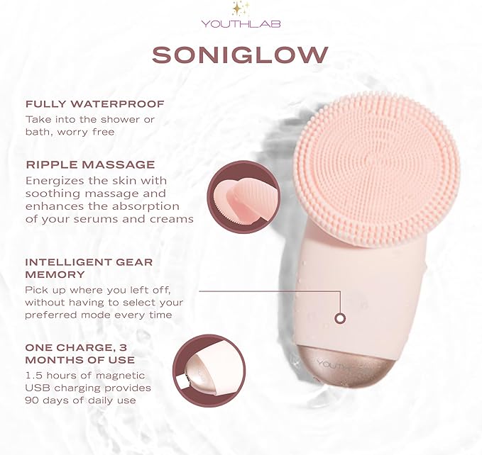 YOUTHLUX SoniGlow Silicone Face Scrubber/Facial Cleansing Brush – Electric Vibrating Skincare Scrubber Tool for Deep Pore Cleansing, Gentle Massage, Makeup Removal, Waterproof and Rechargeable (Pink)