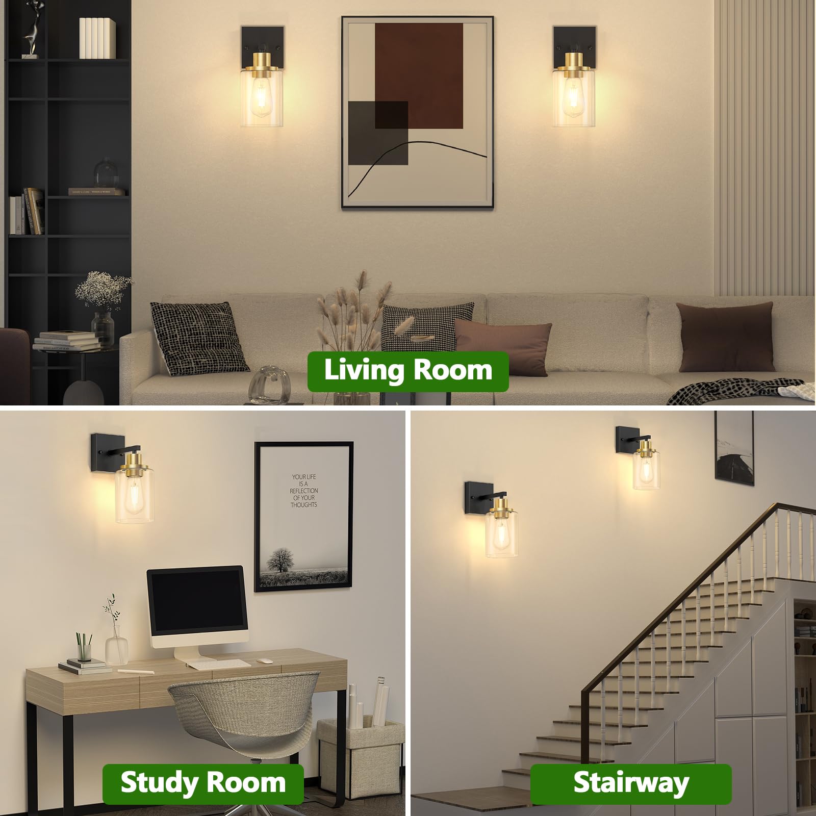 Licperron Black and Gold Wall Sconces Set of 2 with Clear Glass Shade, Matte Black Vanity Light Fixtures, Farmhouse Wall Lights for Bathroom, Bedside, Mirror, Living Room, Hallway