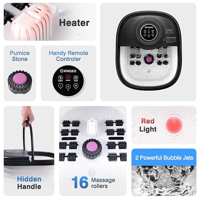 KNQZE Collapsible Foot Spa Bath with Heat & Remote Control, Bubble Massage, Temperature Control, Red Light, Timer, 16 Rollers & Pumice Stone for a Soothing Spa Experience