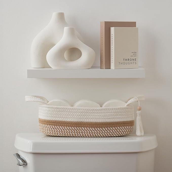 Decorative Toilet Paper Basket – Beautiful Bathroom Organizer for Toilet Tank Storage Decor – Boho Cotton Rope Bin with Tassel for Bathroom Accessories and as Shelf Decor