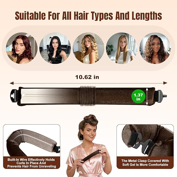 BLAAROOM Overnight Heatless Hair Curler Satin Jumbo Flexi Overnight Curls Blowout Rods 3pcs No-Heat Styling Tools Curling Rod To Sleep In for All Hair Types - Brown