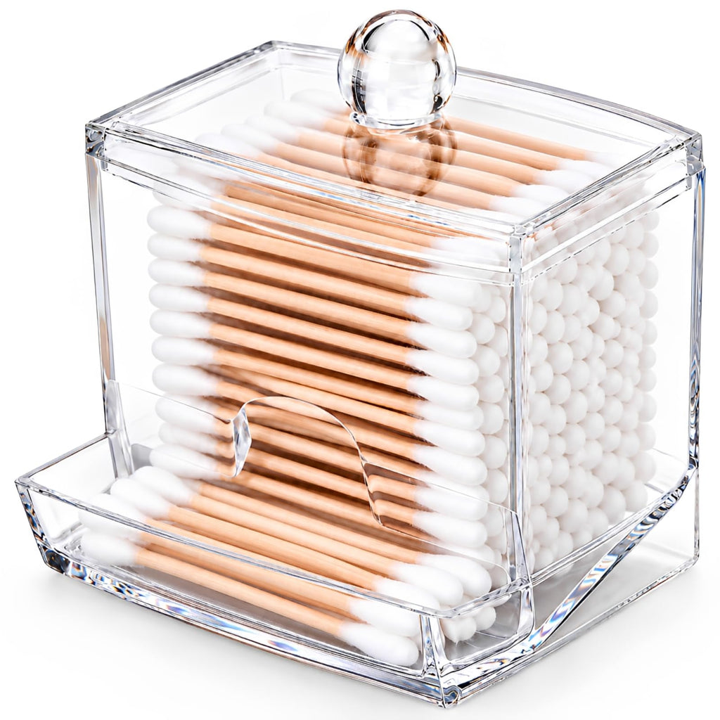 MOSIKER 10oz Qtip Holder, Clear Acrylic Cotton Swab Dispenser with Lid
