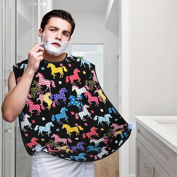 Beard Hair Catcher for Men, Waterproof Shaving Bib Apron Non-Stick, Trimming Tool for Dad Husband, Black Colorful Horse Shave Bib