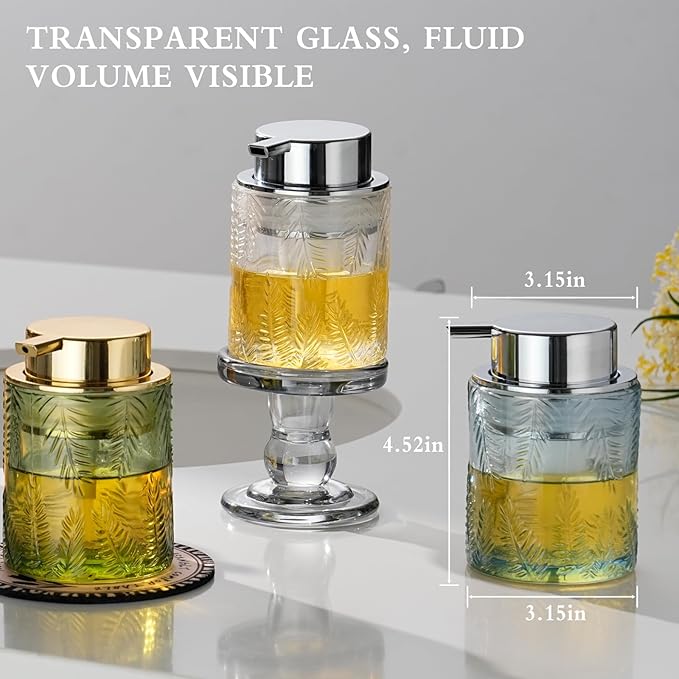 CICUFY Glass Foaming Dispenser - Refillable Lotion or Soap Dispenser for Kitchen & Bathroom, Large Gold Pump (Leaf Pattern - Green)